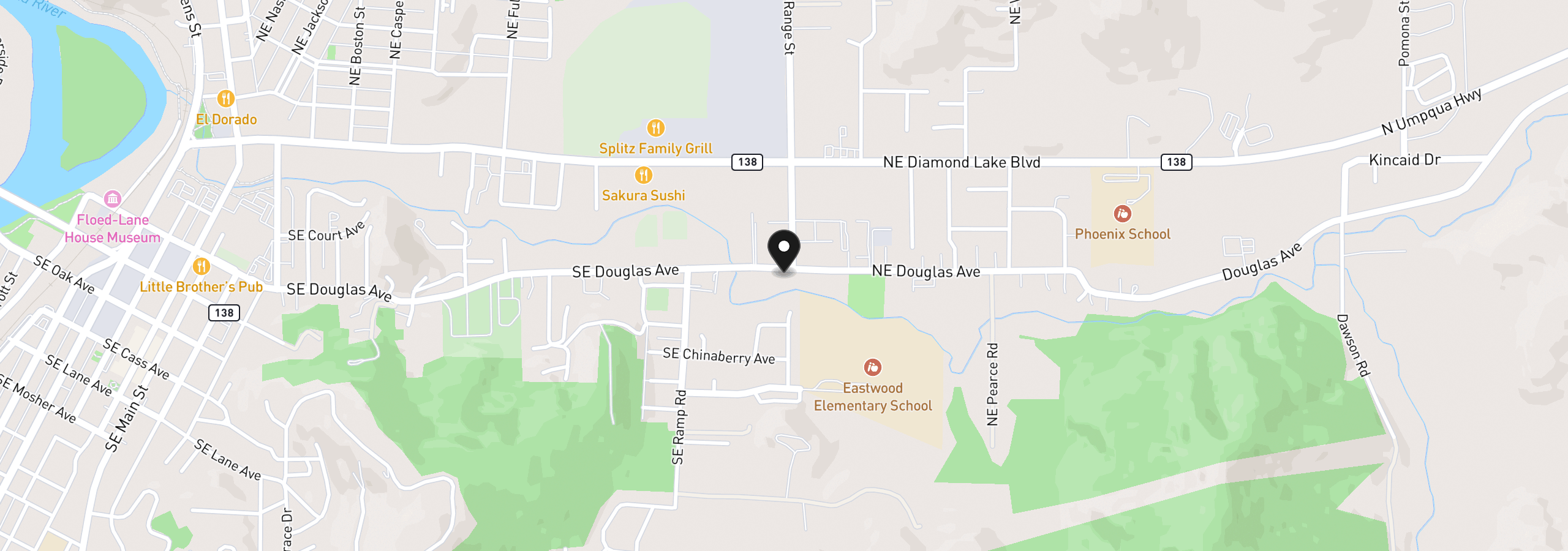 Map showing the location of 2583 NE Douglas Ave, Roseburg, OR 97470