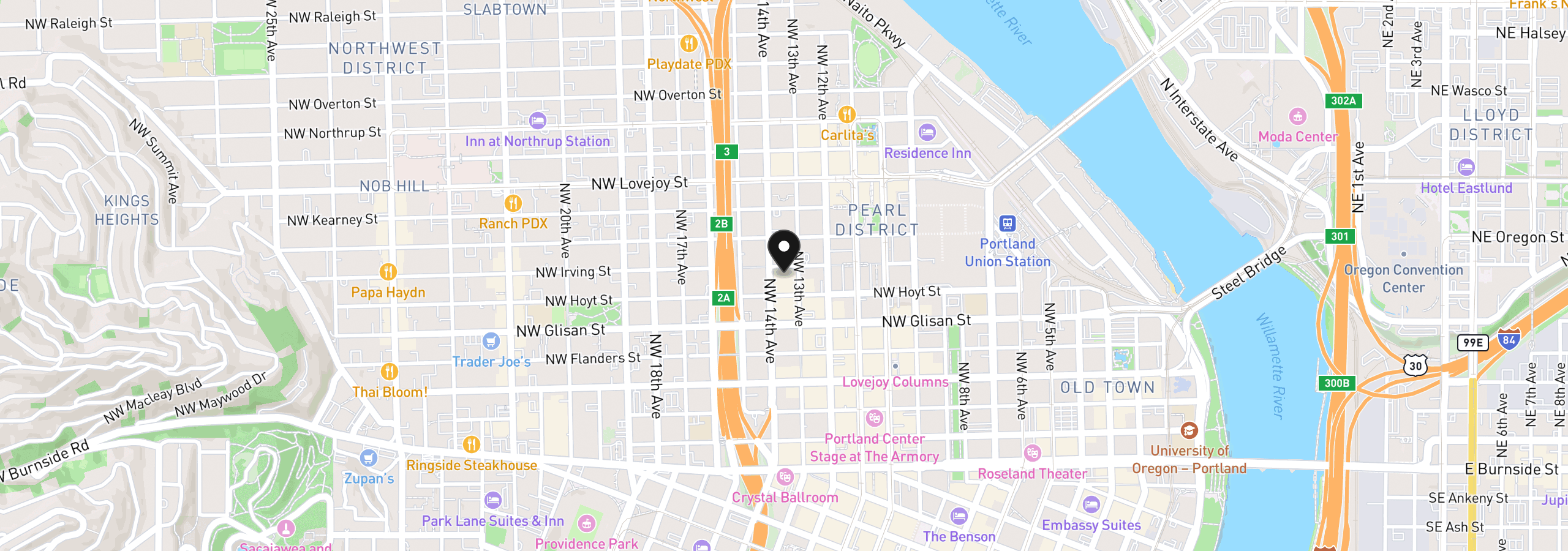 Map showing the location of 1314 NW Irving St 303, Portland, OR 97209