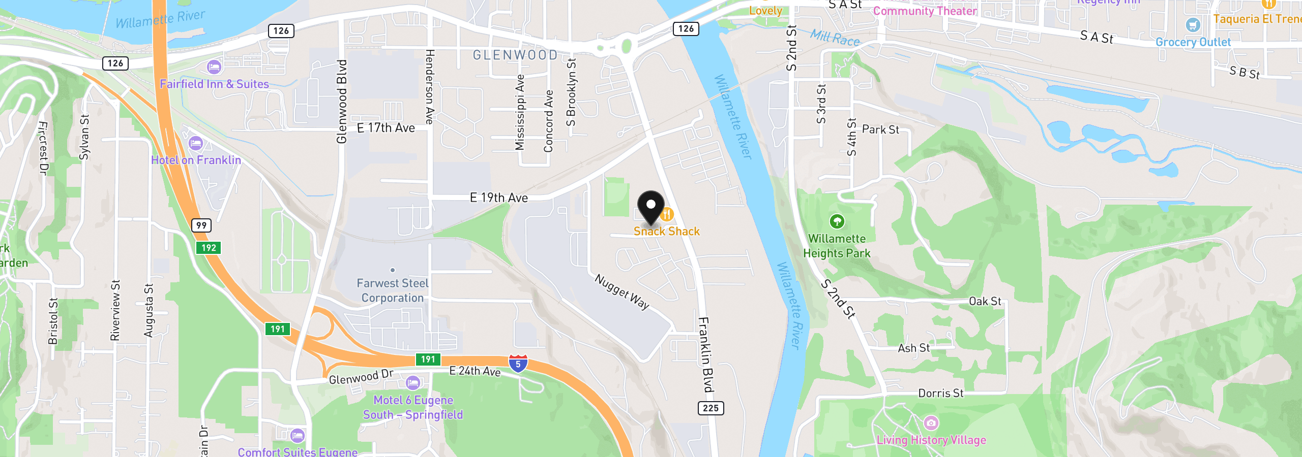 Map showing the location of 4377 E 20th Ave, Eugene, OR 97403