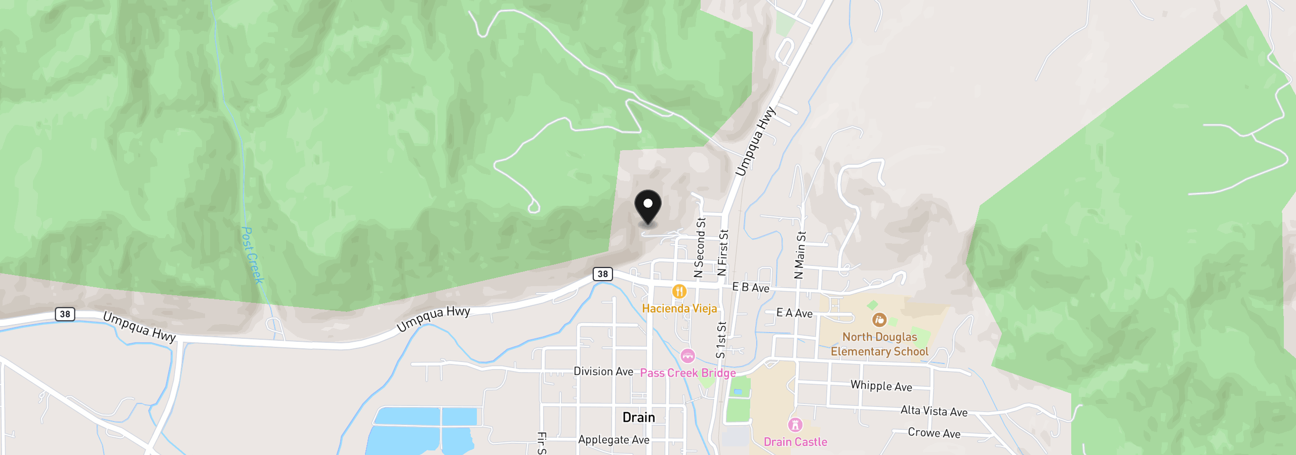 Map showing the location of 420 W D Ave, Drain, OR 97435