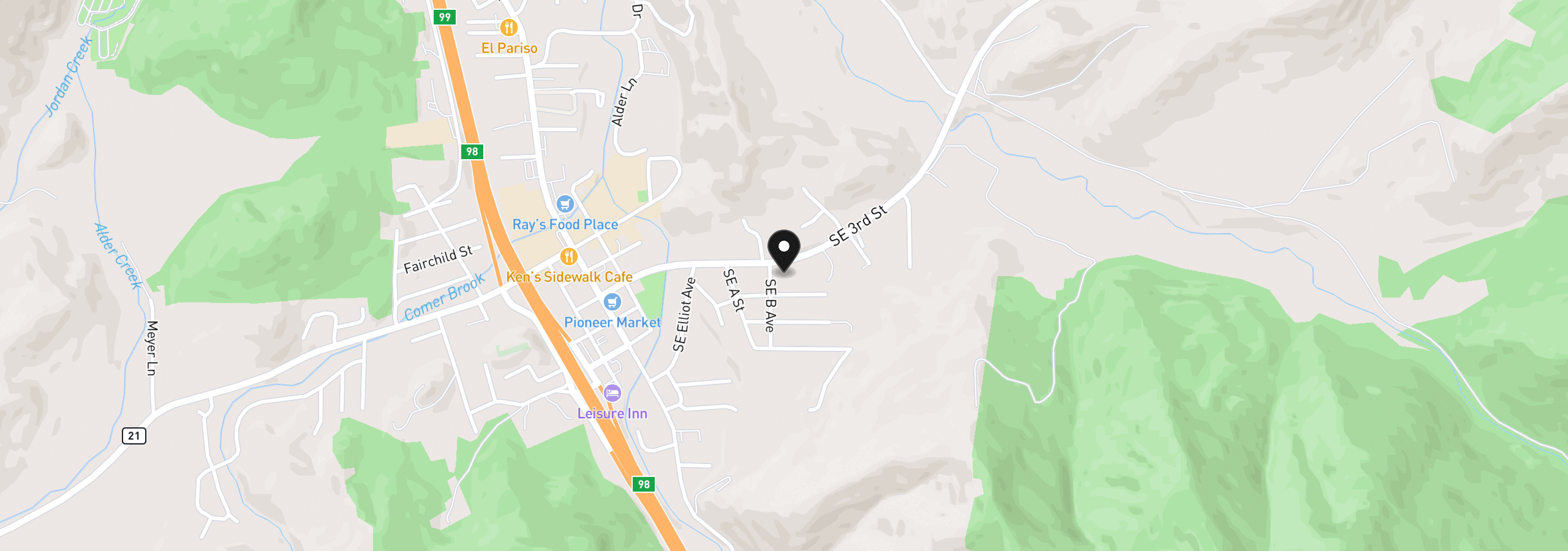Map showing the location of 301 B Ave, Canyonville, OR 97417