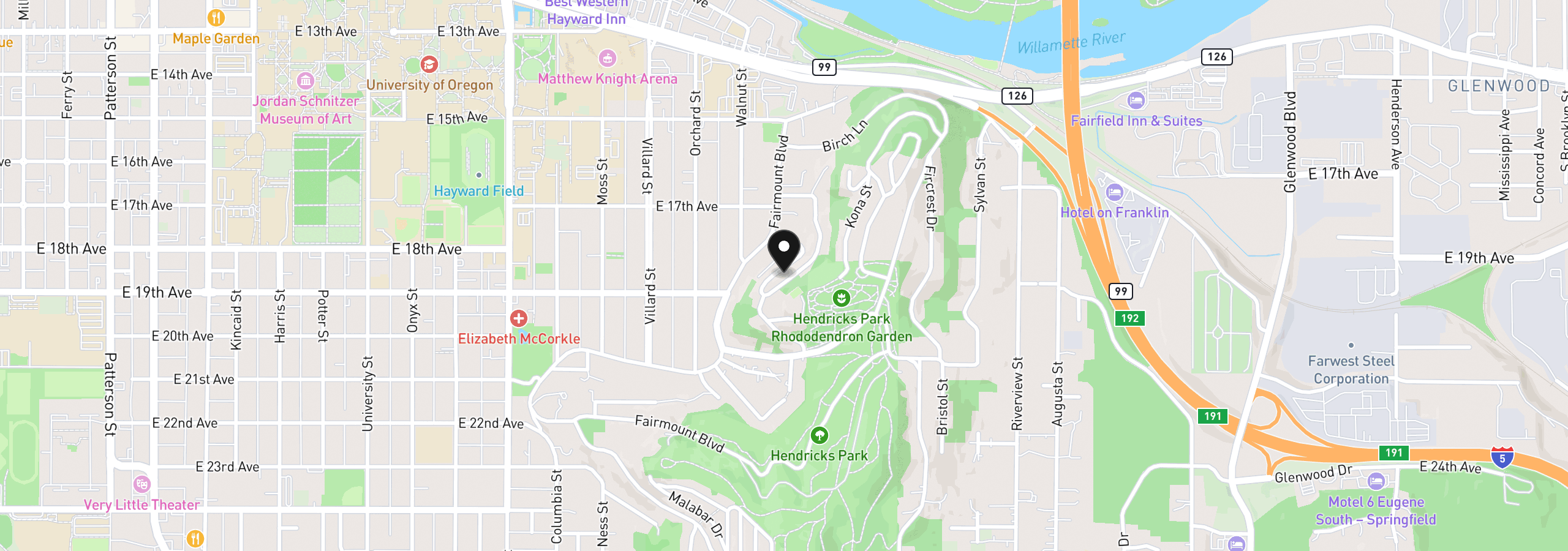 Map showing the location of 275 Sunset Dr, Eugene, OR 97403