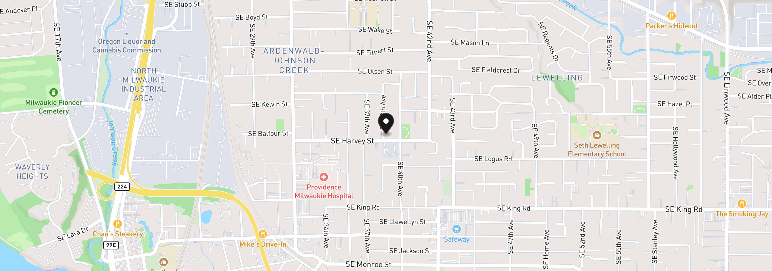Map showing the location of 9886 SE 38th Ave, Milwaukie, OR 97222