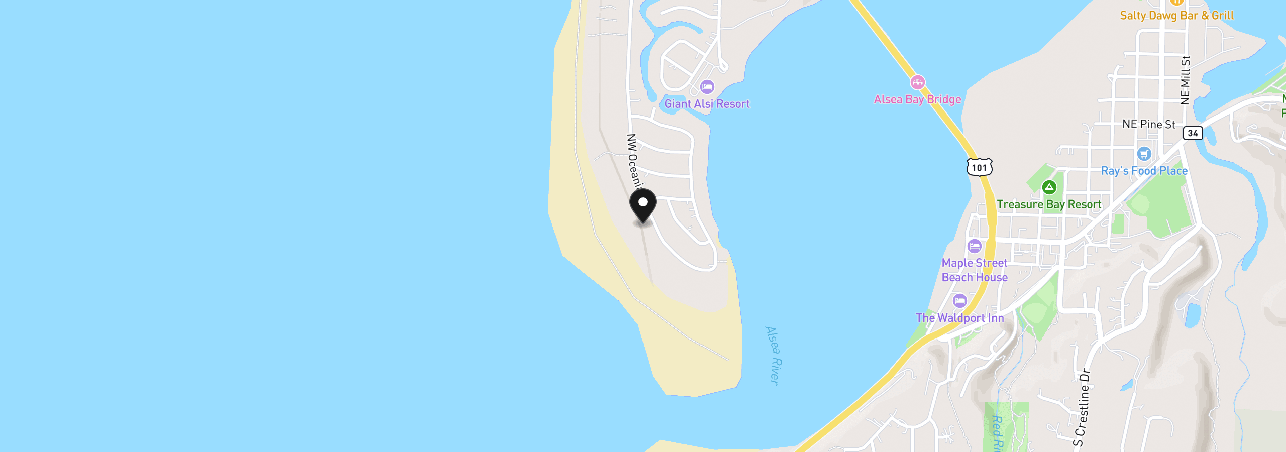 Map showing the location of 118 NW Oceania Dr, Waldport, OR 97394