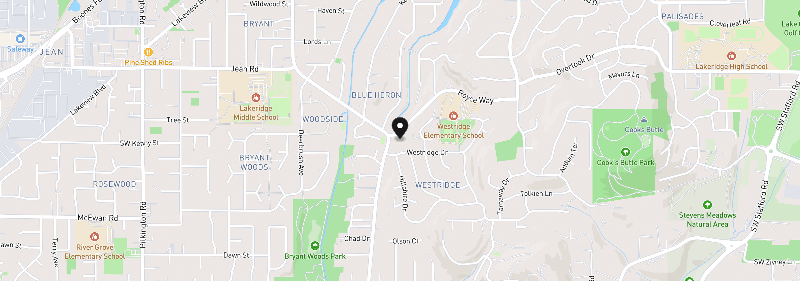 Map showing the location of 18300 Bryant Rd, Lake Oswego, OR 97034