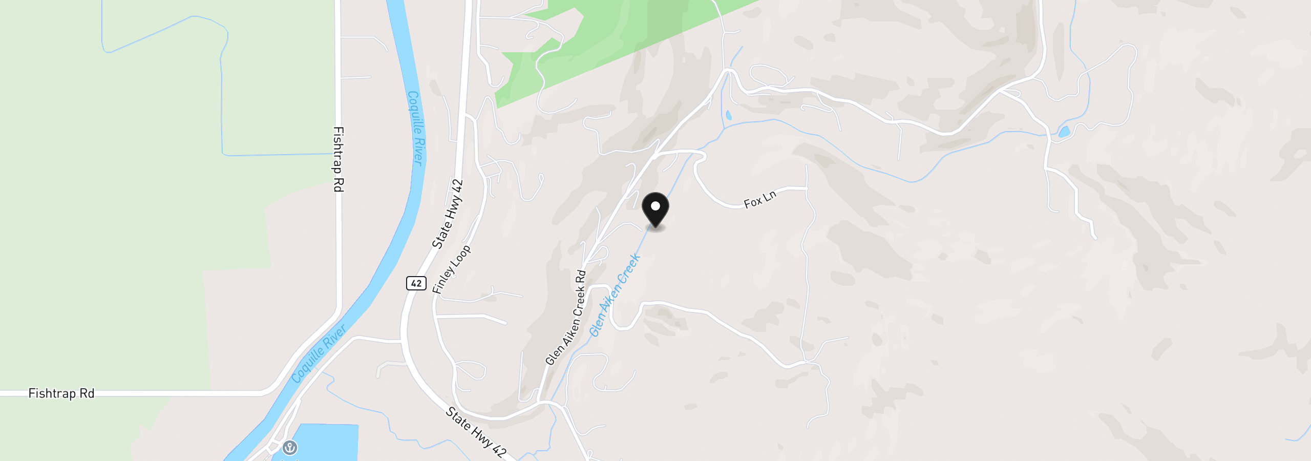 Map showing the location of 55395 Glen Aiken Creek Rd, Coquille, OR 97423