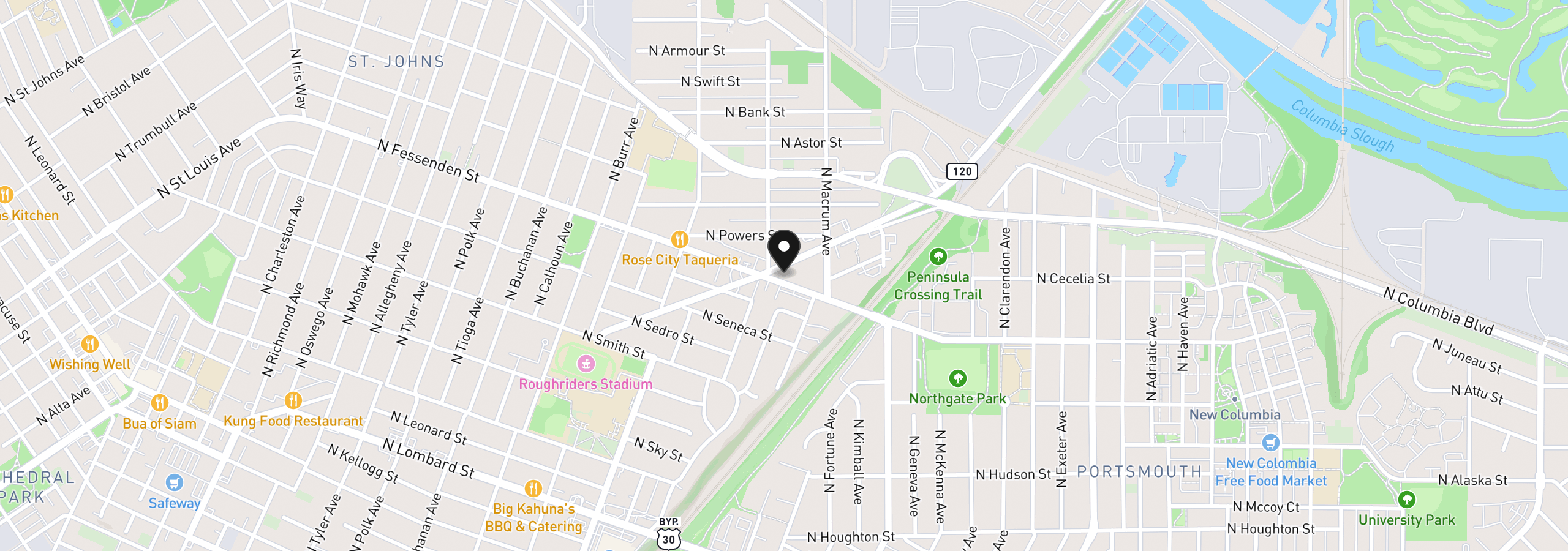 Map showing the location of N Columbia Way, Portland, OR 97203