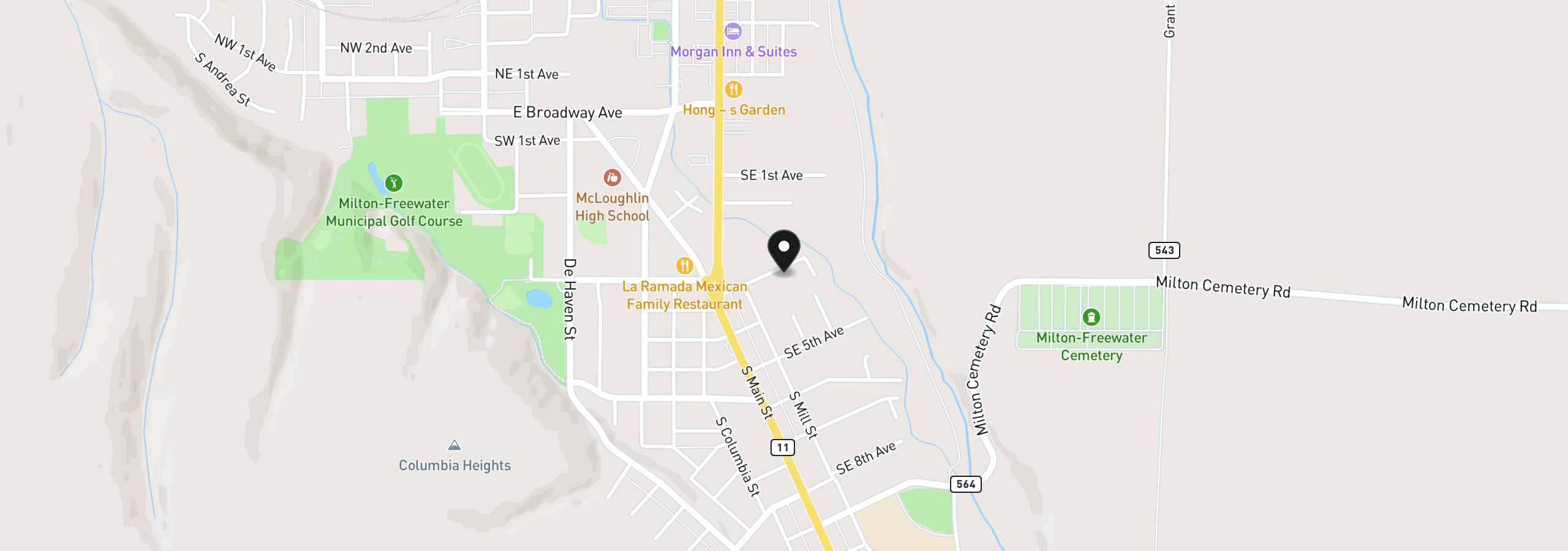 Map showing the location of 126 SE 3rd Ave, Milton-Freewater, OR 97862