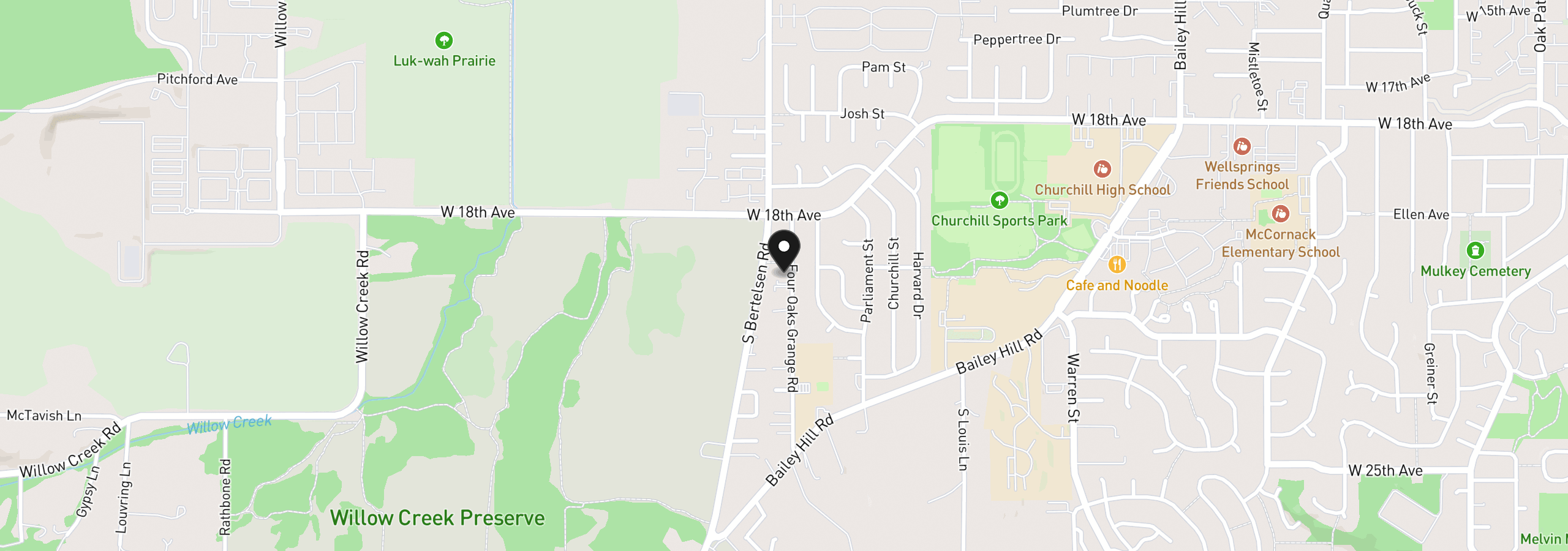Map showing the location of 2092 Four Oak Grange Rd, Eugene, OR 97405