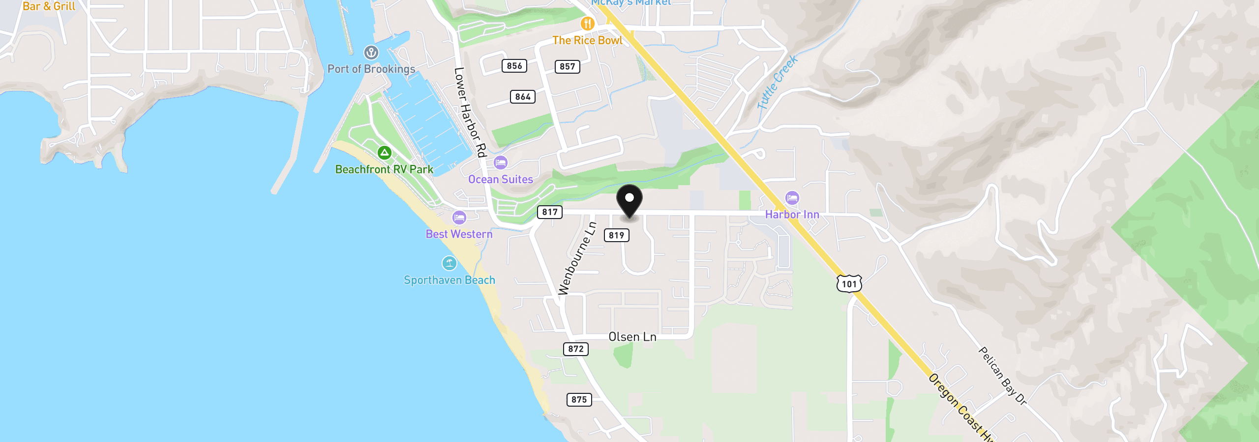 Map showing the location of 97994 W Benham Ln, Brookings, OR 97415