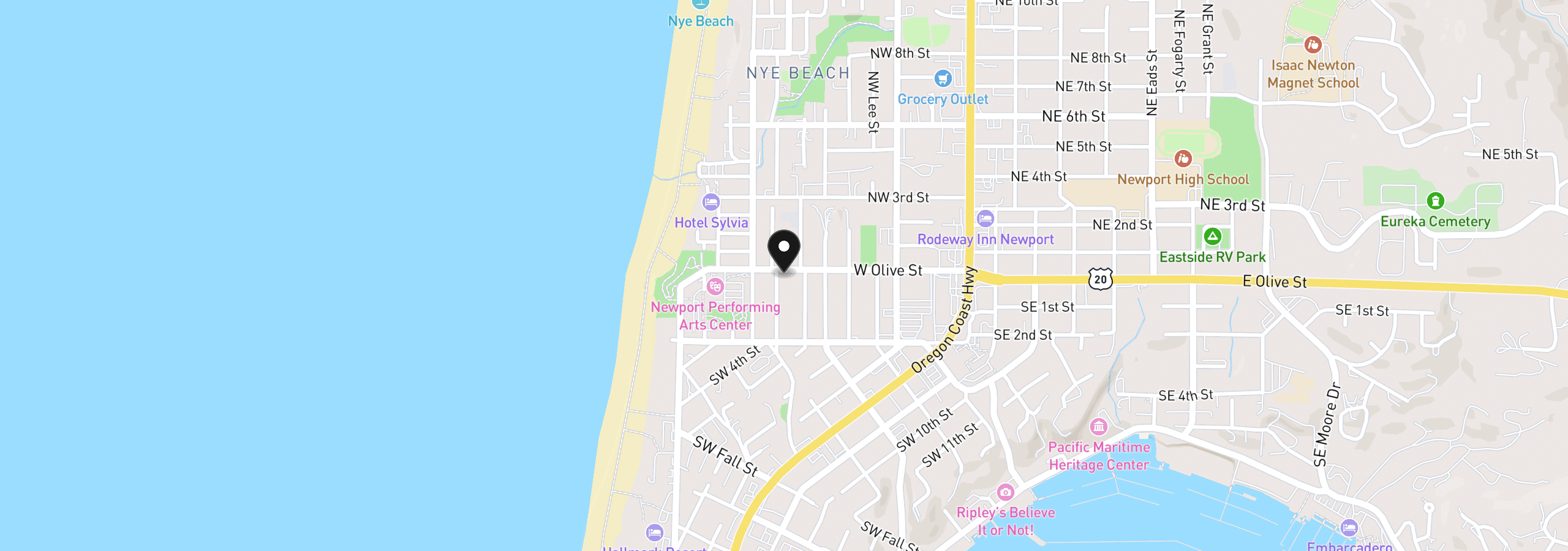 Map showing the location of 589 W Olive St, Newport, OR 97365
