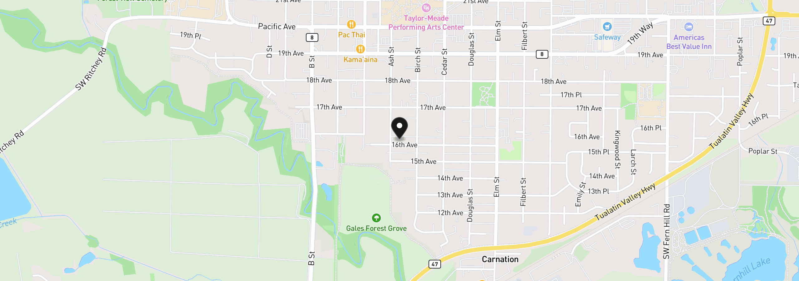 Map showing the location of 2113 16th Ave, Forest Grove, OR 97116