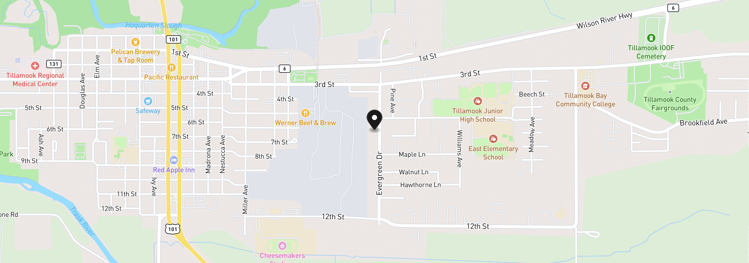 Map showing the location of 508 Evergreen Dr, Tillamook, OR 97141