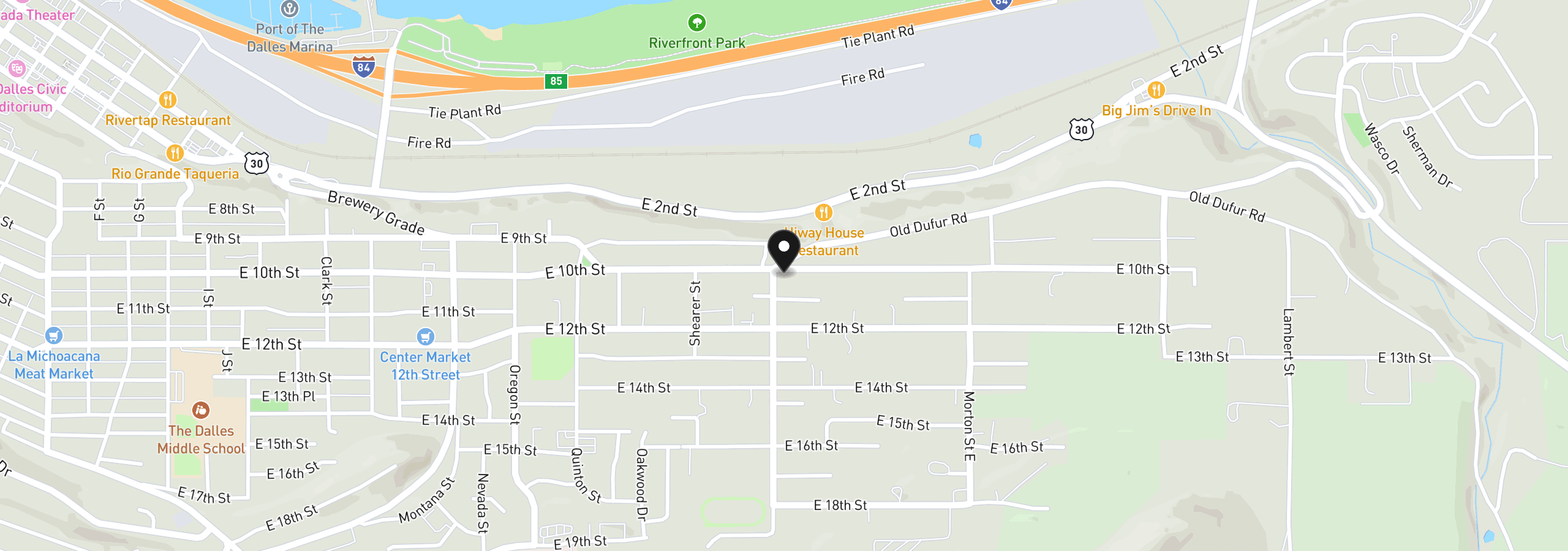 Map showing the location of 2406 E 10th St, The Dalles, OR 97058