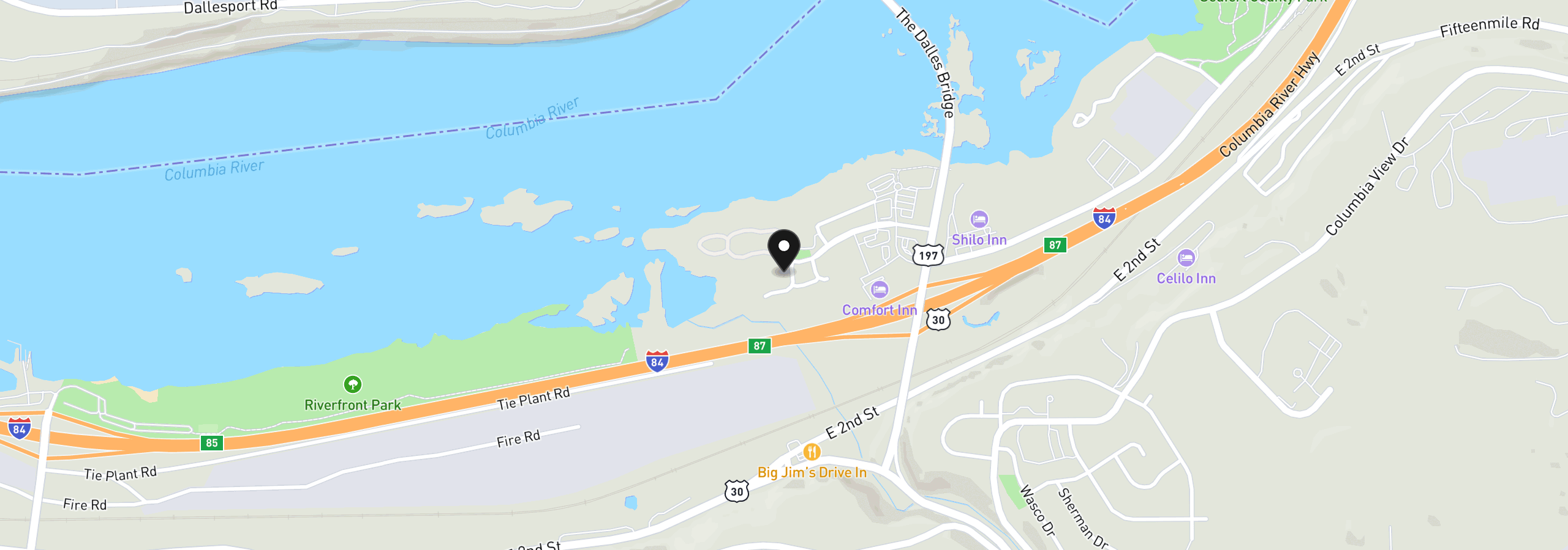 Map showing the location of 177 Blue Heron Ct, The Dalles, OR 97058