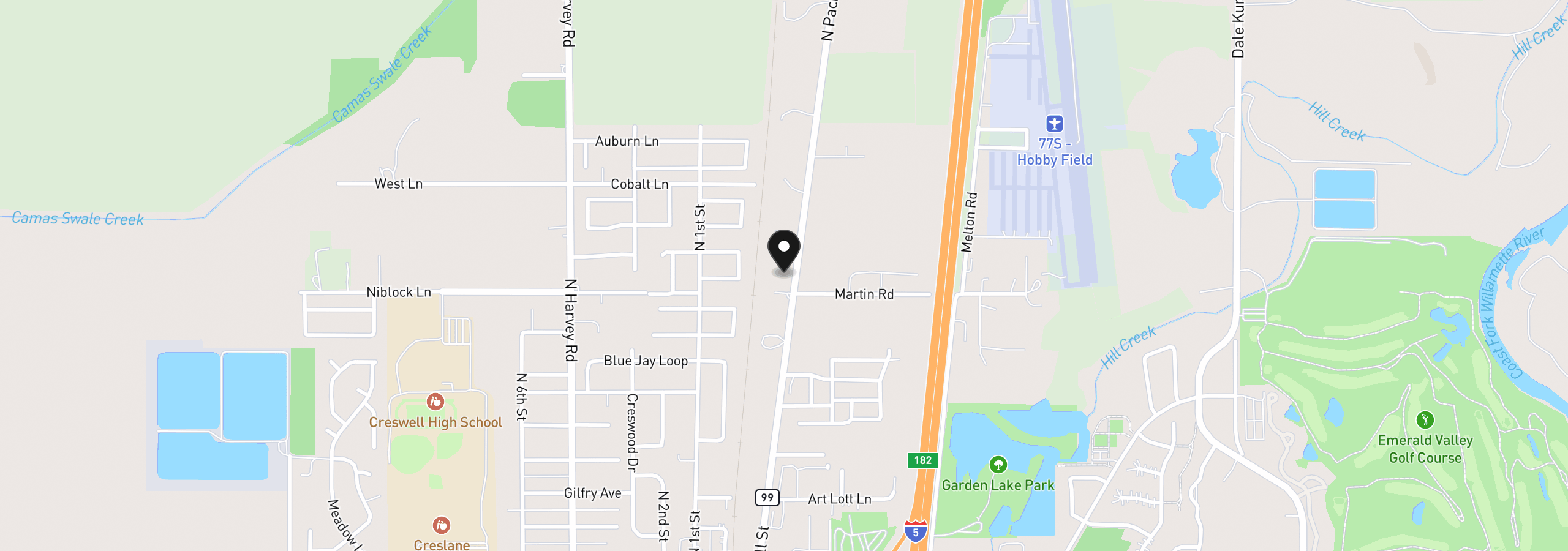 Map showing the location of 83354 N Pacific Hwy, Creswell, OR 97426