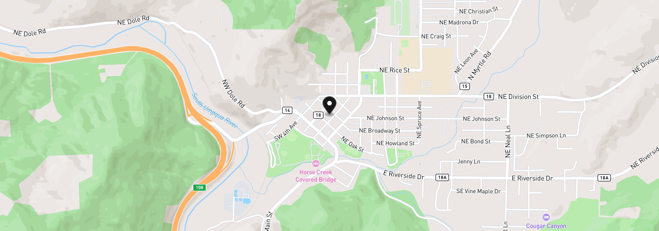 Map showing the location of 226 NW 2nd Ave, Myrtle Creek, OR 97457