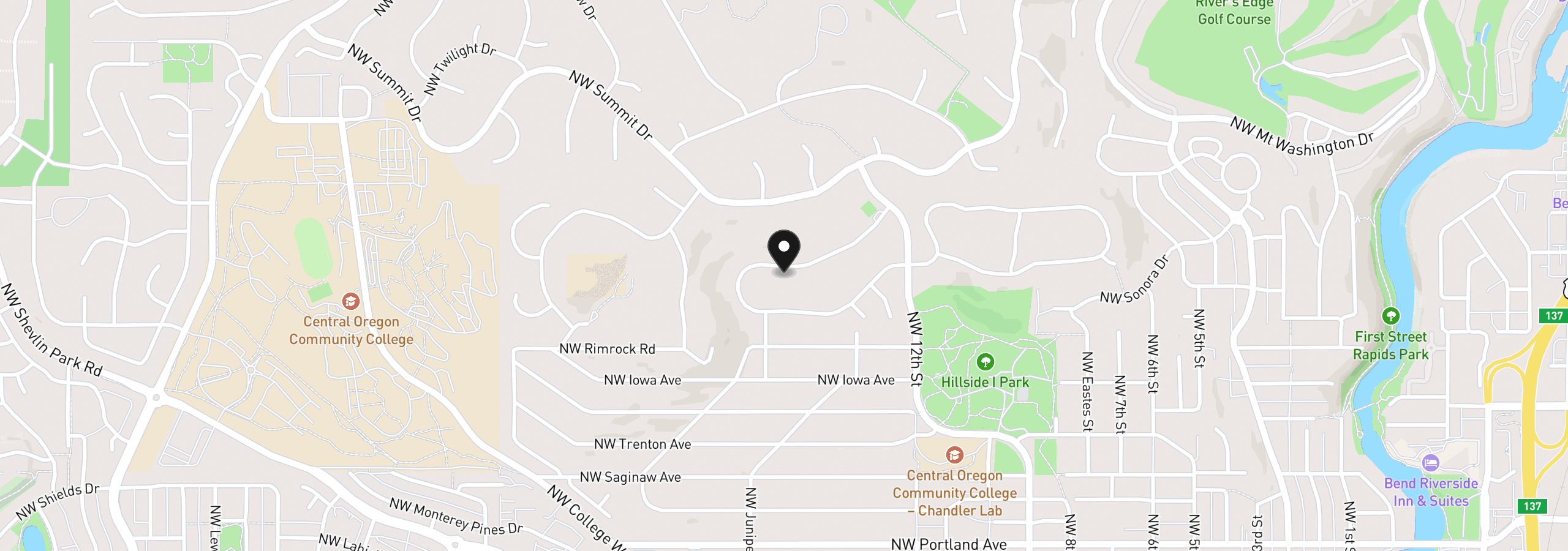 Map showing the location of 1573 NW City View Dr, Bend, OR 97703