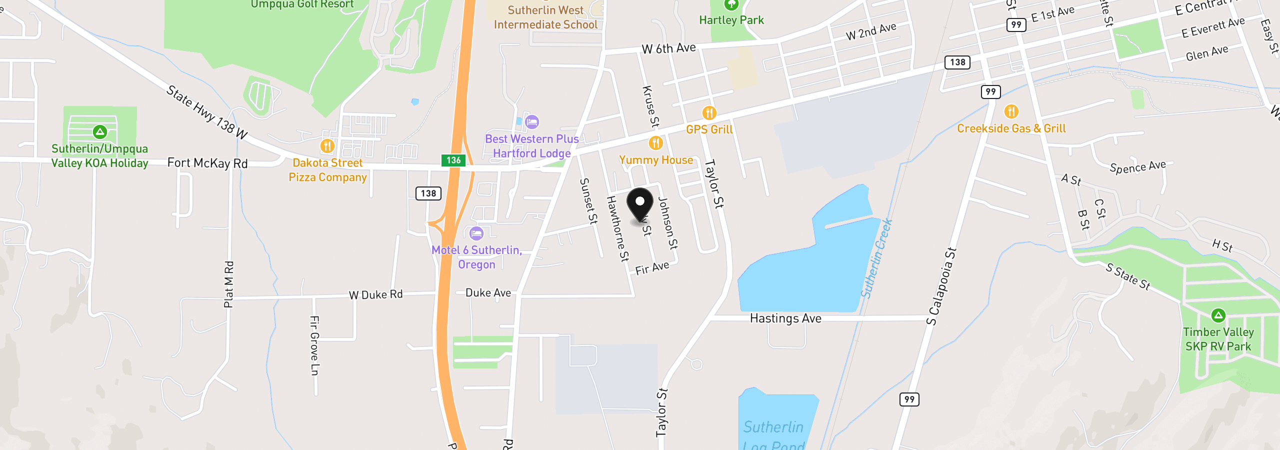 Map showing the location of 273 Eddy St, Sutherlin, OR 97479