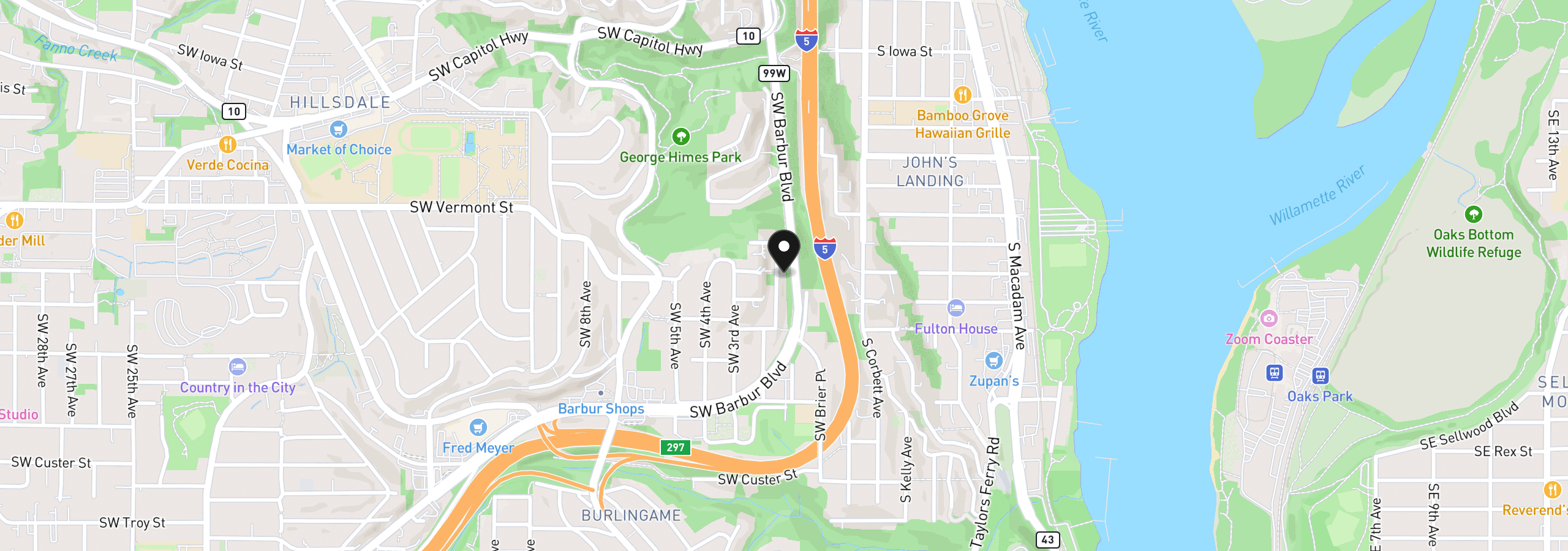 Map showing the location of 6902 SW 2nd Ave, Portland, OR 97219