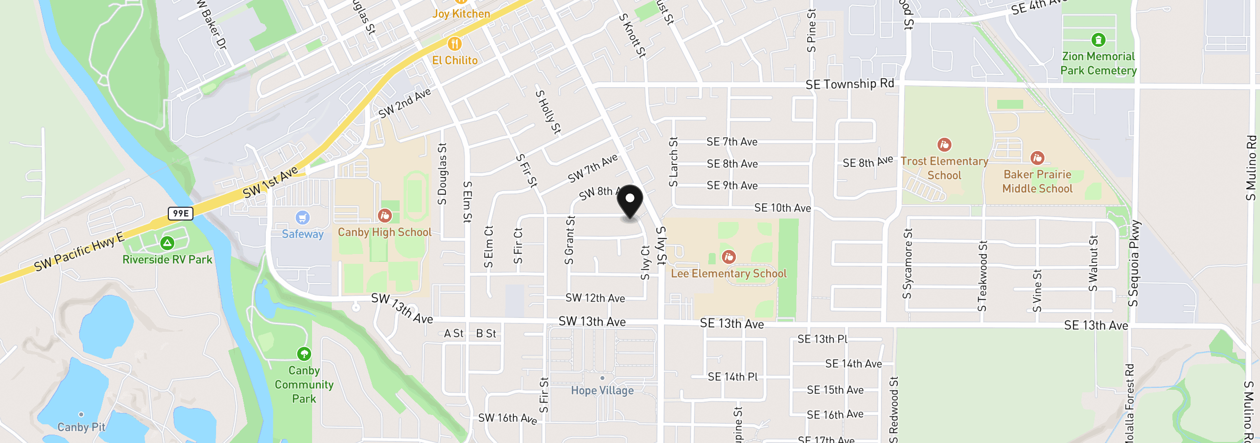 Map showing the location of 165 SW 9th Ave, Canby, OR 97013