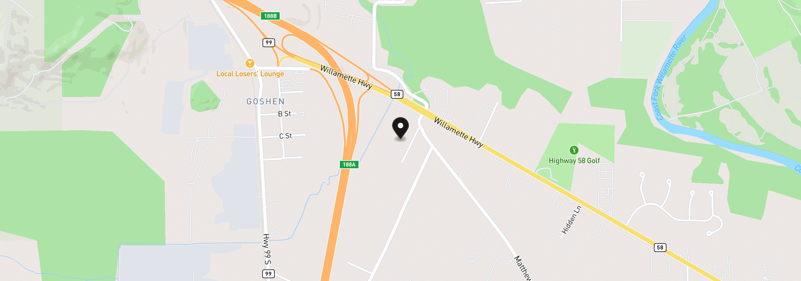Map showing the location of 85806 Loop Ln, Eugene, OR 97405