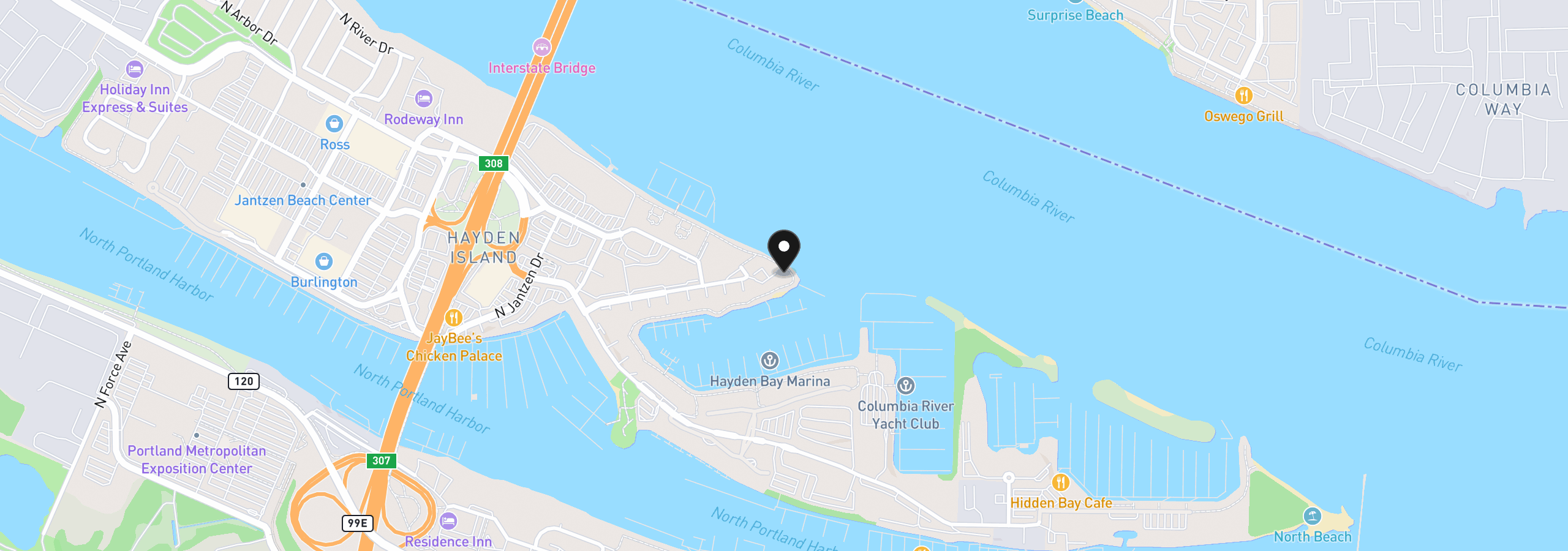 Map showing the location of 118 N Hayden Bay Dr, Portland, OR 97217