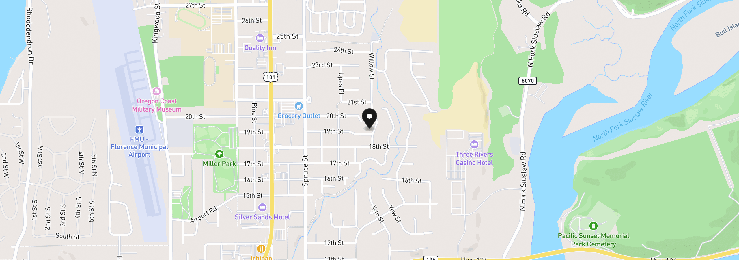 Map showing the location of 2385 19th St, Florence, OR 97439