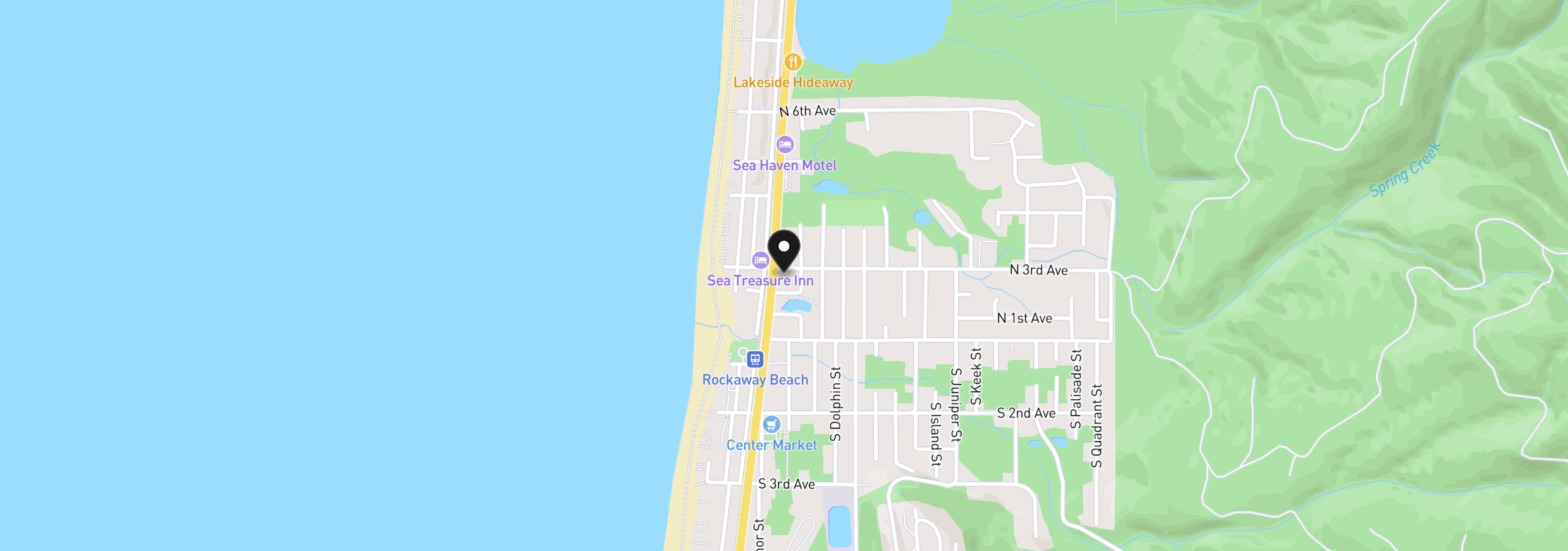 Map showing the location of 108 N 3rd Ave, Rockaway Beach, OR 97136
