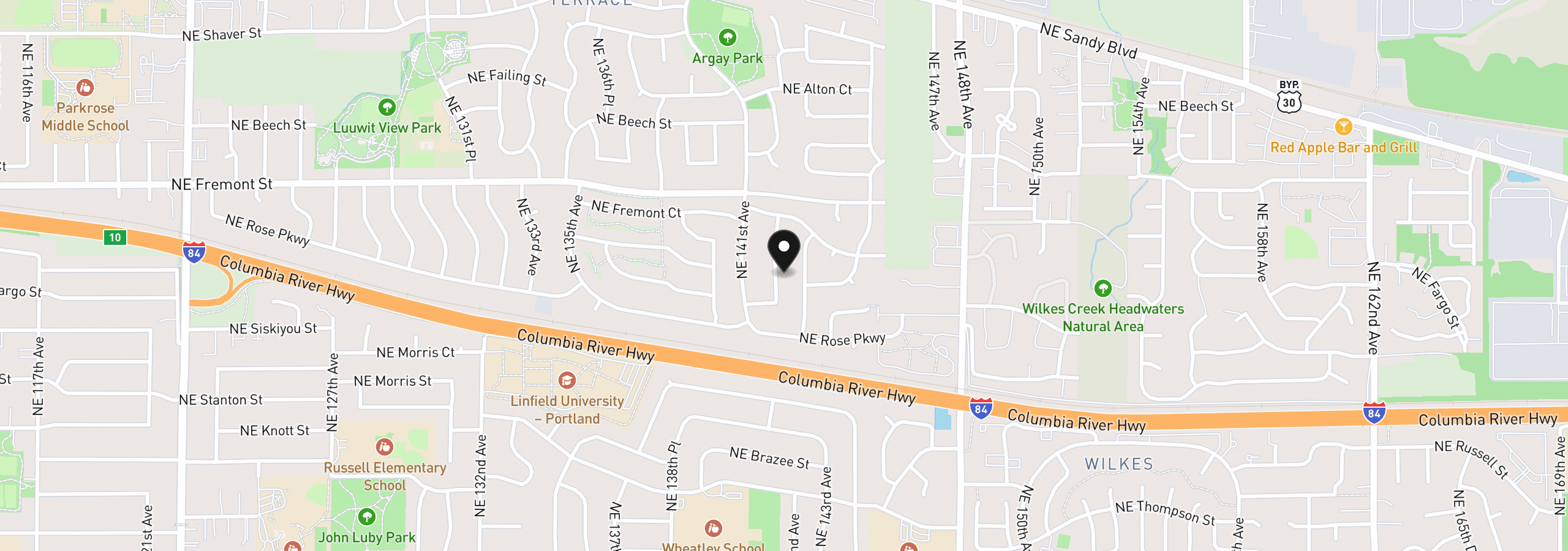 Map showing the location of 3130 NE 142nd Ave, Portland, OR 97230