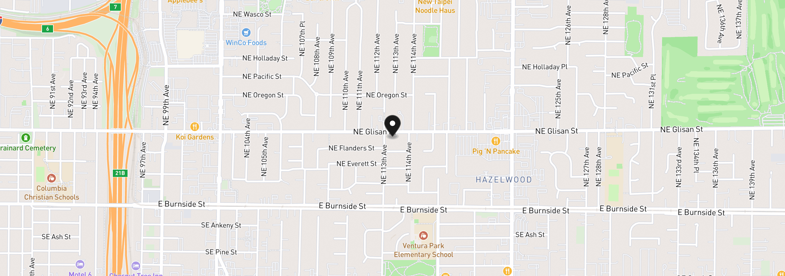 Map showing the location of 11330 NE Glisan St, Portland, OR 97220
