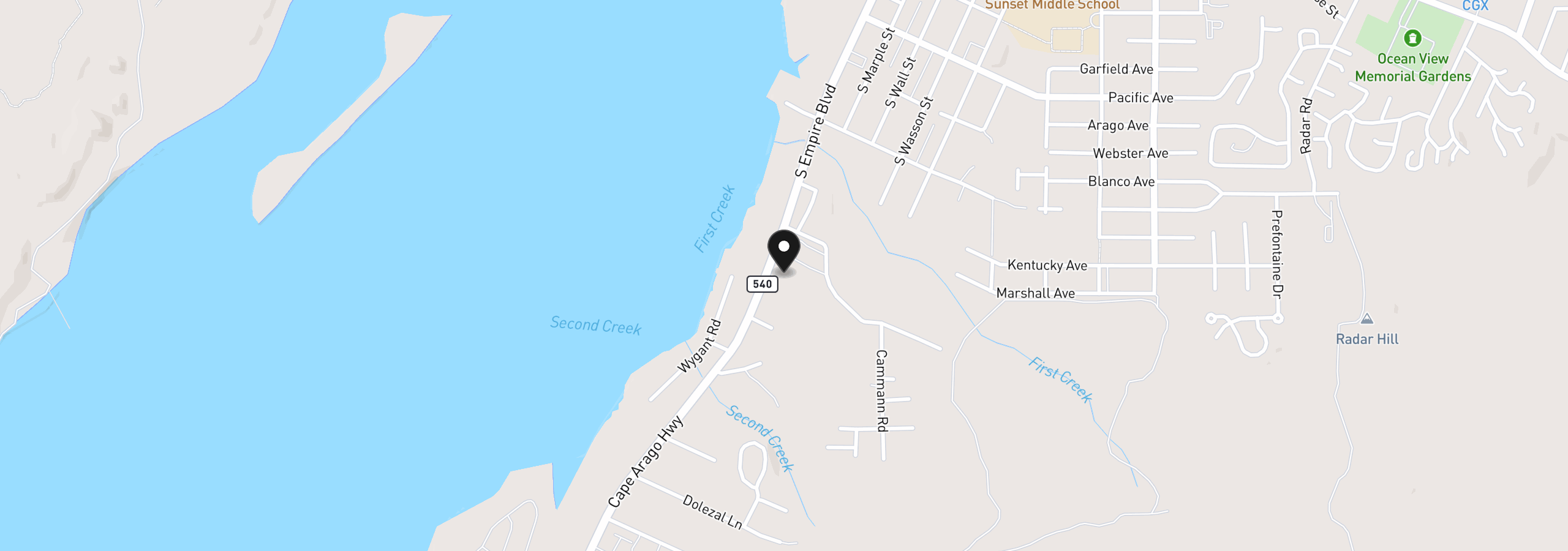 Map showing the location of 92786 Cape Arago Hwy, Coos Bay, OR 97420