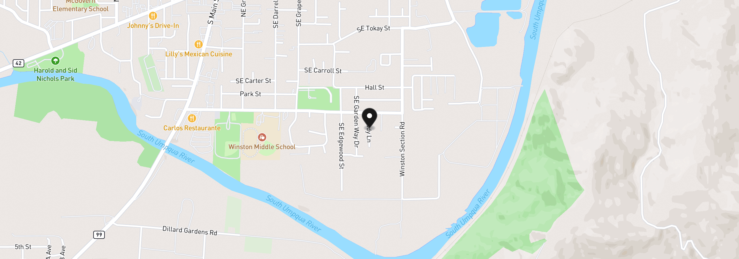 Map showing the location of 185 SE Lebleu Ln, Winston, OR 97496