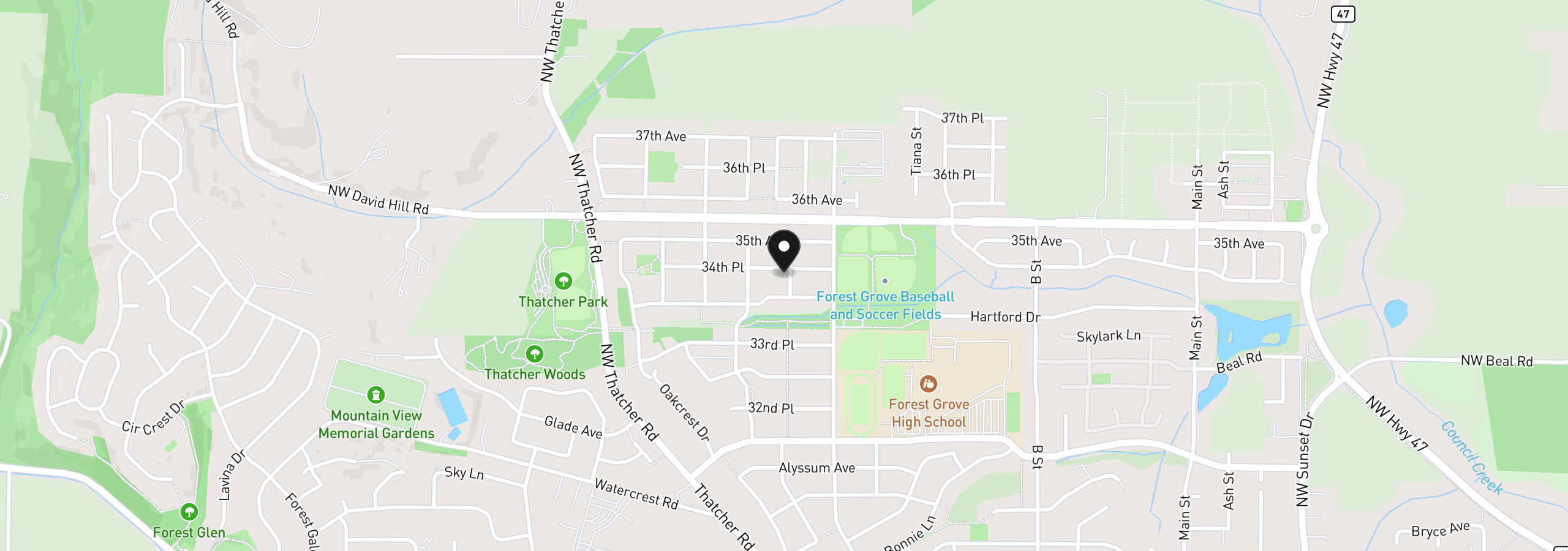 Map showing the location of 1242 34th Pl, Forest Grove, OR 97116