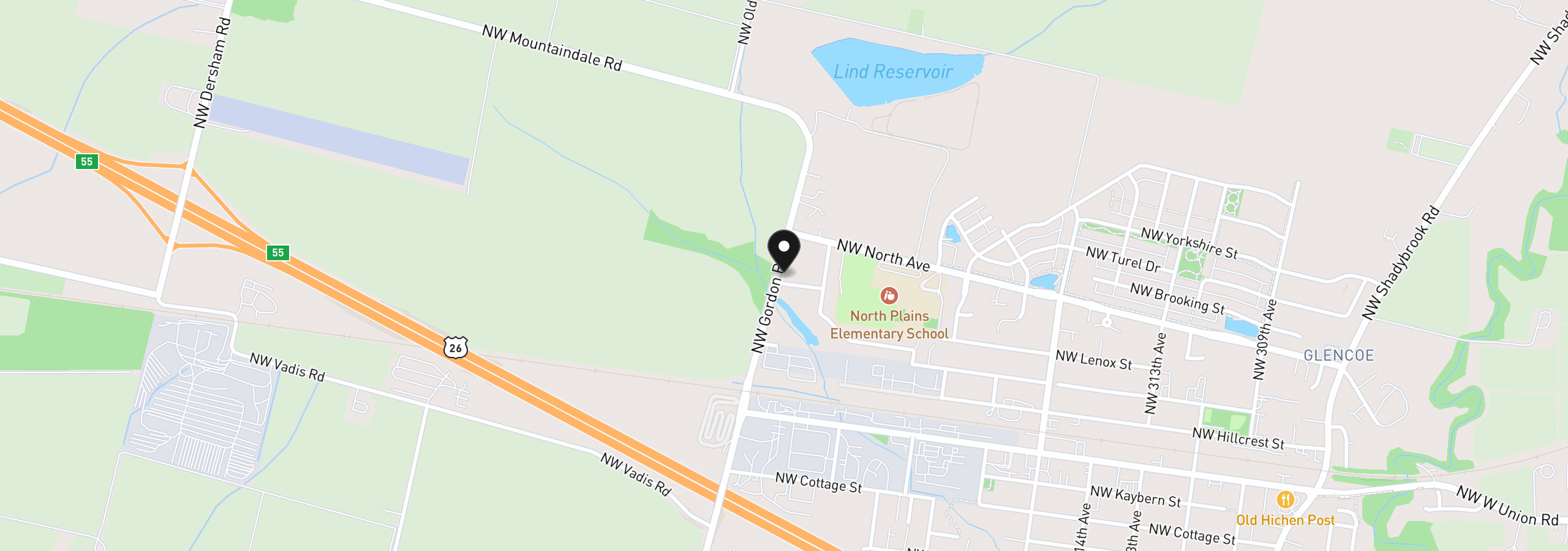 Map showing the location of 32555 NW Wascoe St, North Plains, OR 97133