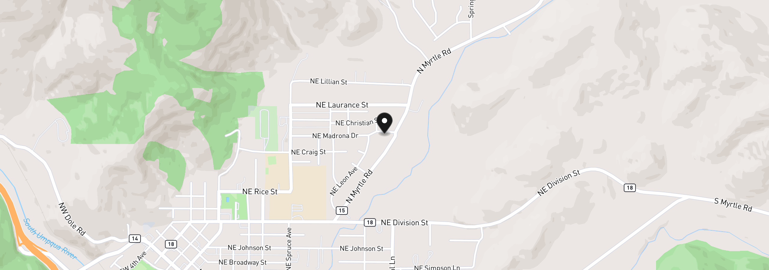 Map showing the location of 954 NE Madrona Dr, Myrtle Creek, OR 97457