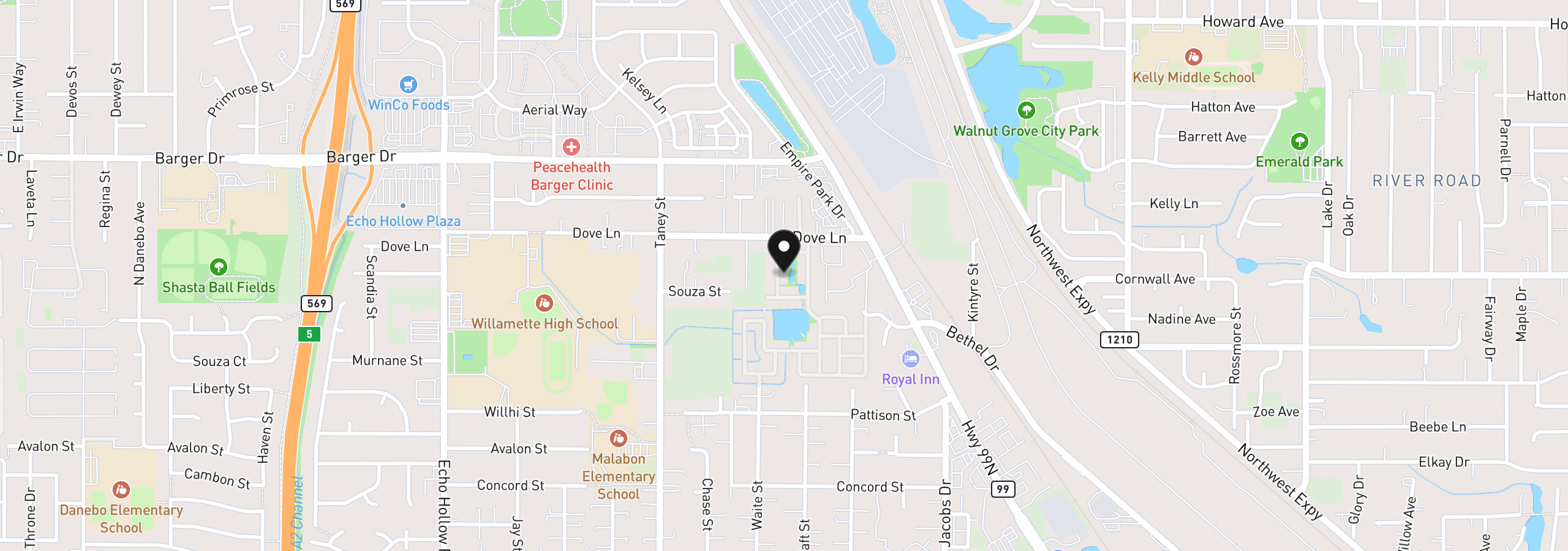 Map showing the location of 1800 Lakewood Ct, Eugene, OR 97402