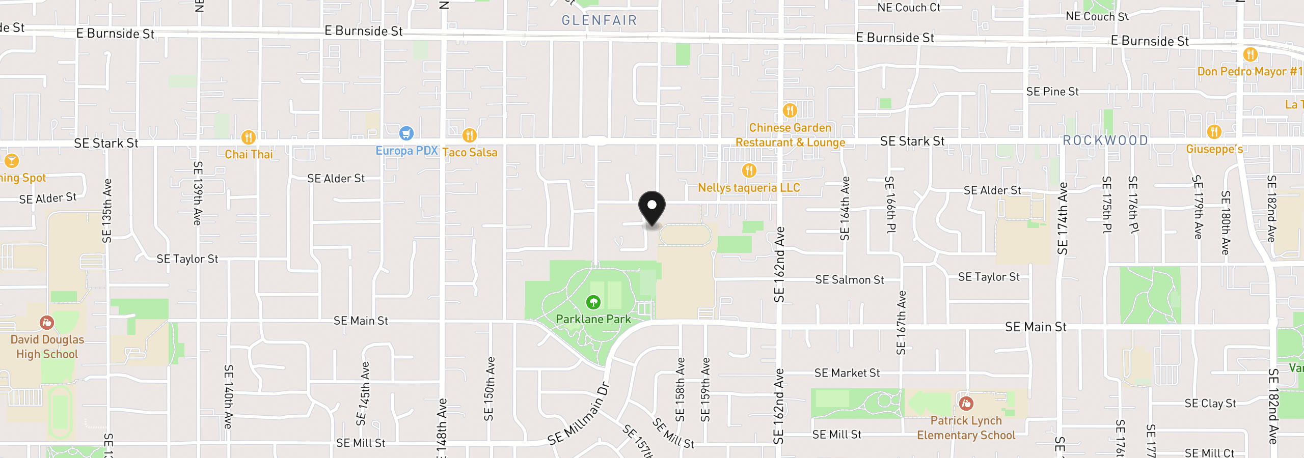 Map showing the location of 808 SE 156th Pl, Portland, OR 97233