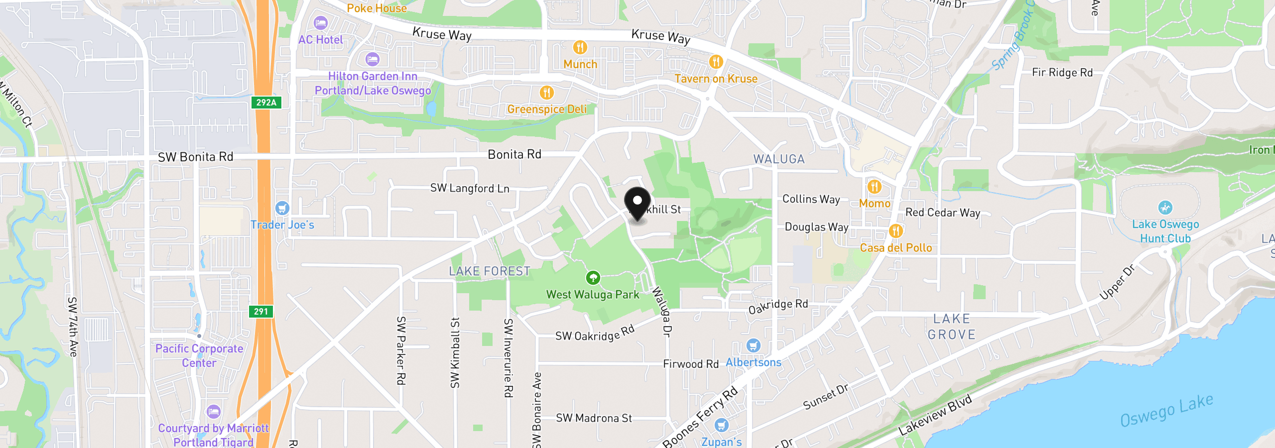 Map showing the location of 15592 Waluga Dr, Lake Oswego, OR 97035