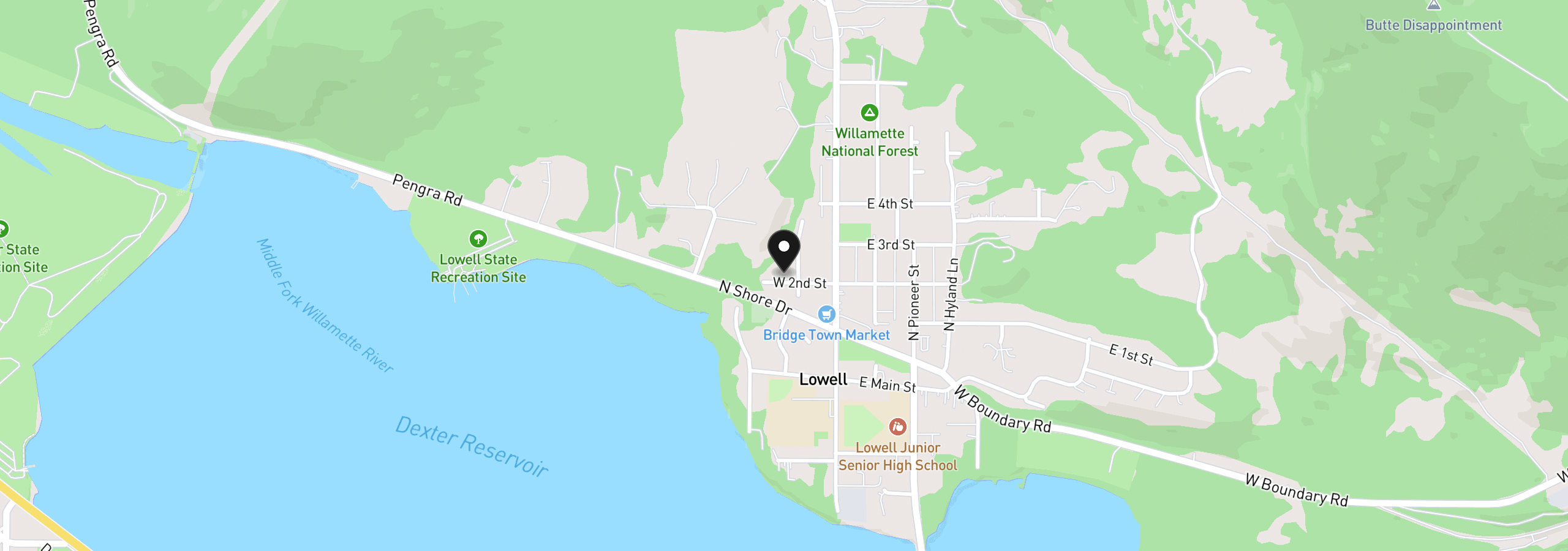 Map showing the location of 123 W 2nd St, Lowell, OR 97452