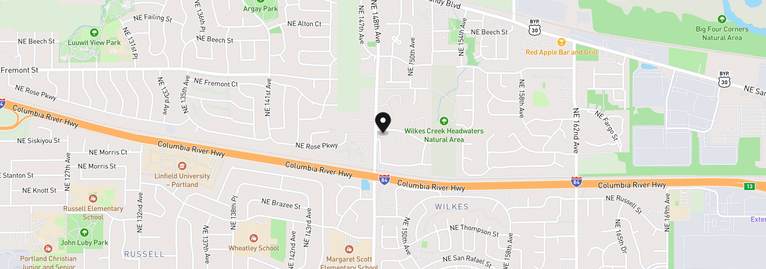 Map showing the location of 14812 NE Rose Pkwy 58b, Portland, OR 97230
