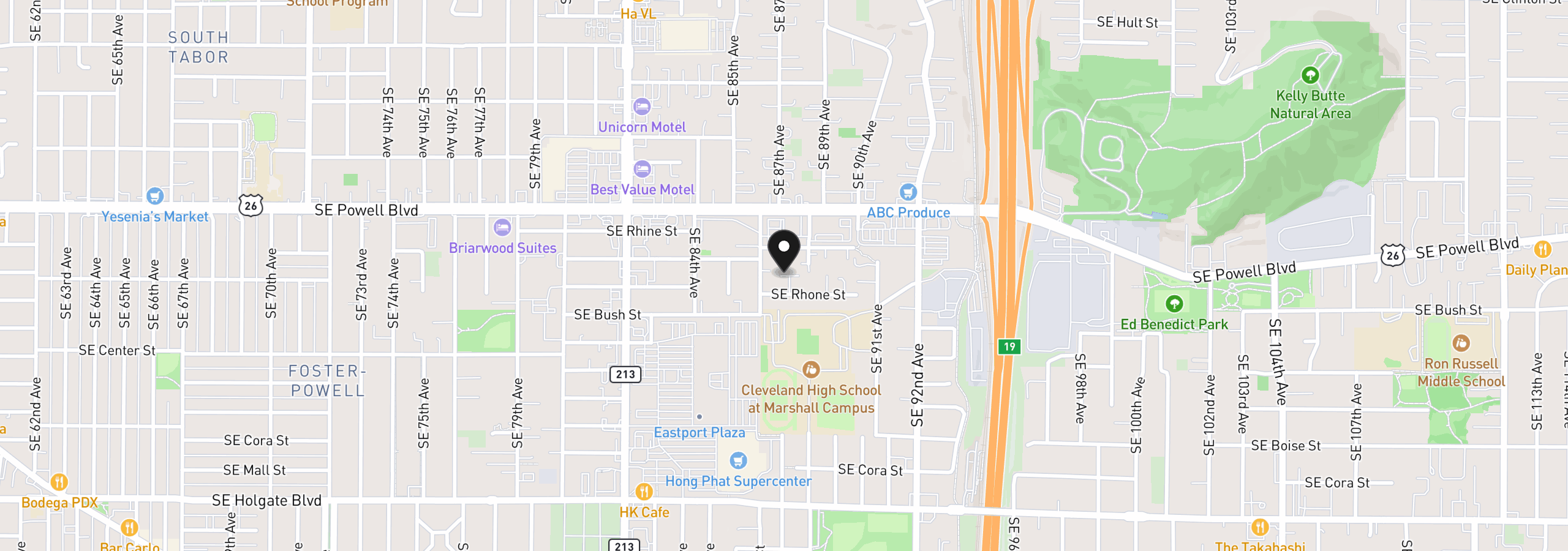 Map showing the location of 8637 SE Rhone St SE, Portland, OR 97266