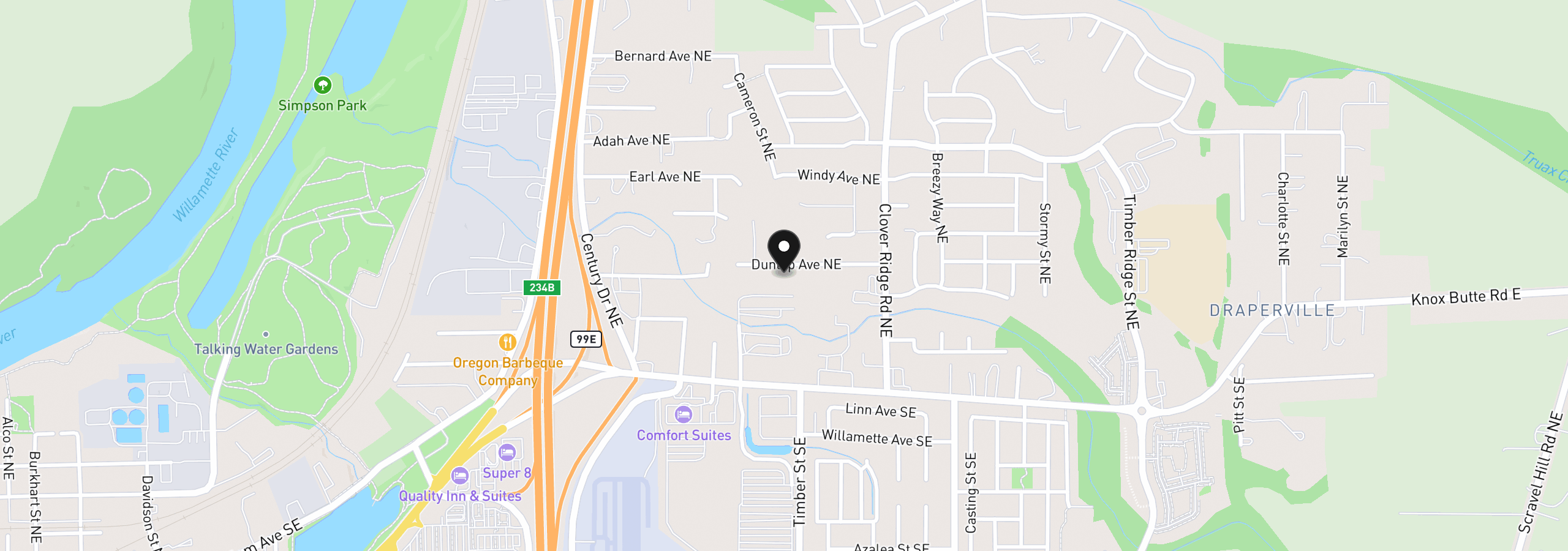 Map showing the location of 3800 Dunlap Ave NE, Albany, OR 97322