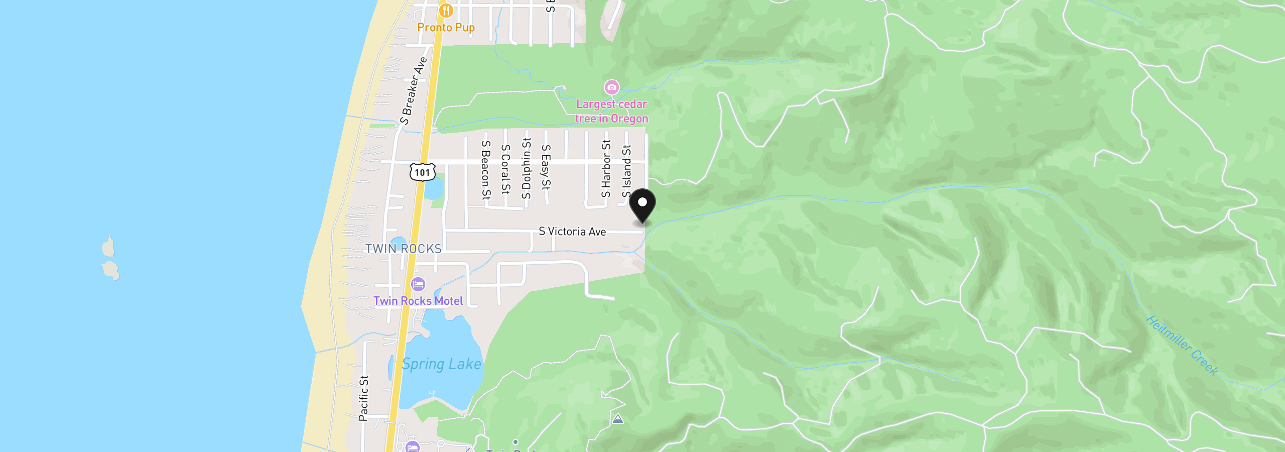 Map showing the location of Victoria St, Rockaway Beach, OR 97136