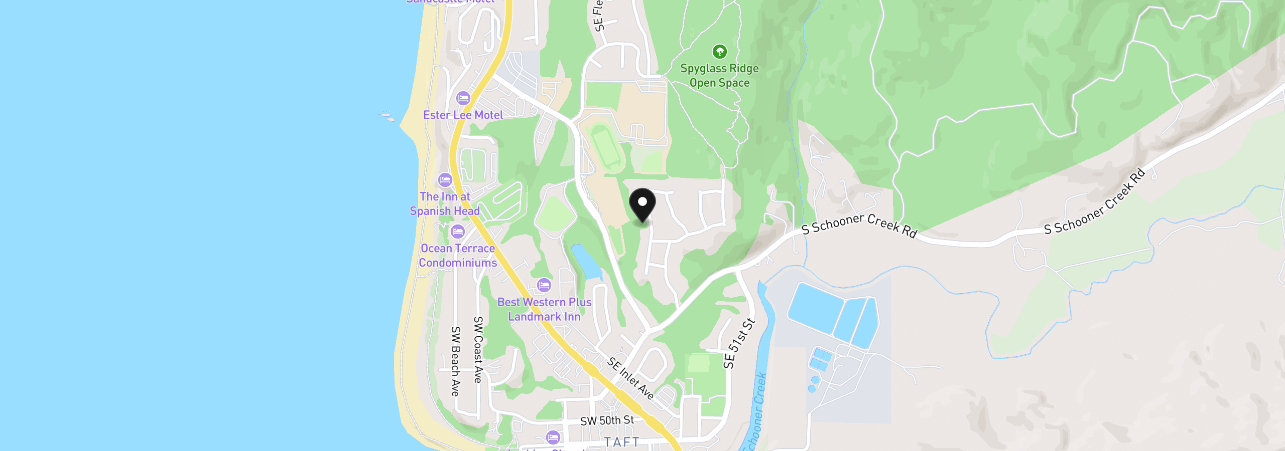 Map showing the location of 34 SE Inlet Ave, Lincoln City, OR 97367