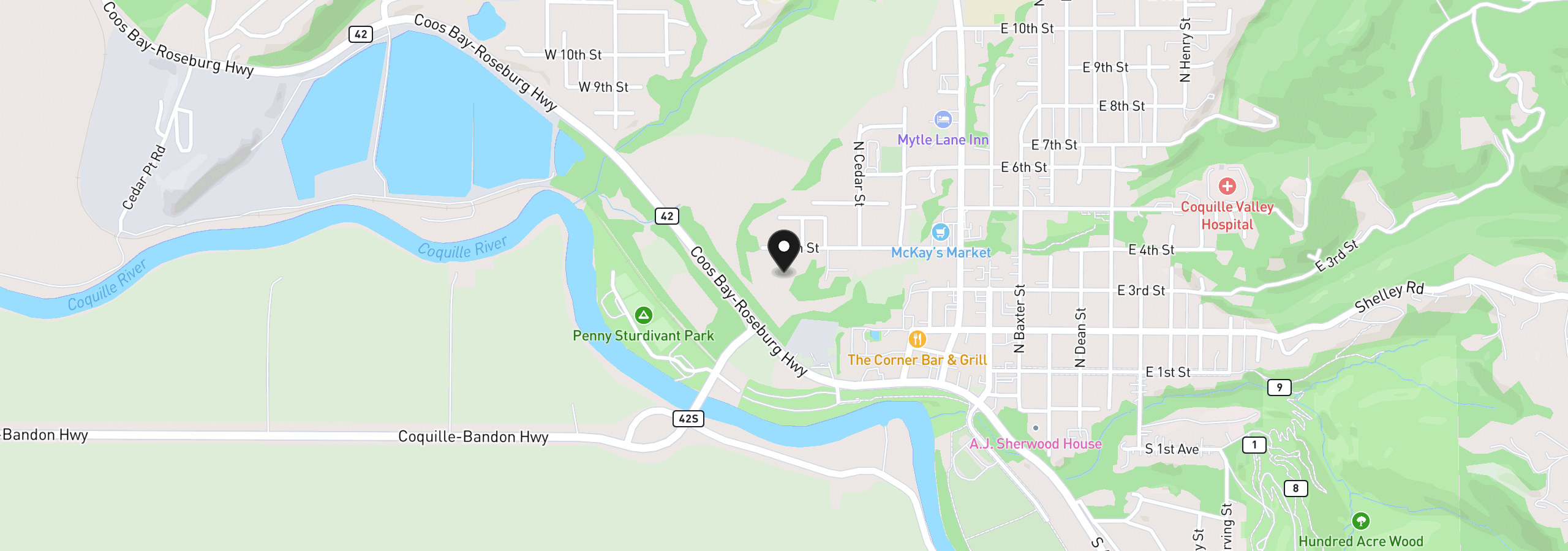 Map showing the location of 527 W 4th St, Coquille, OR 97423