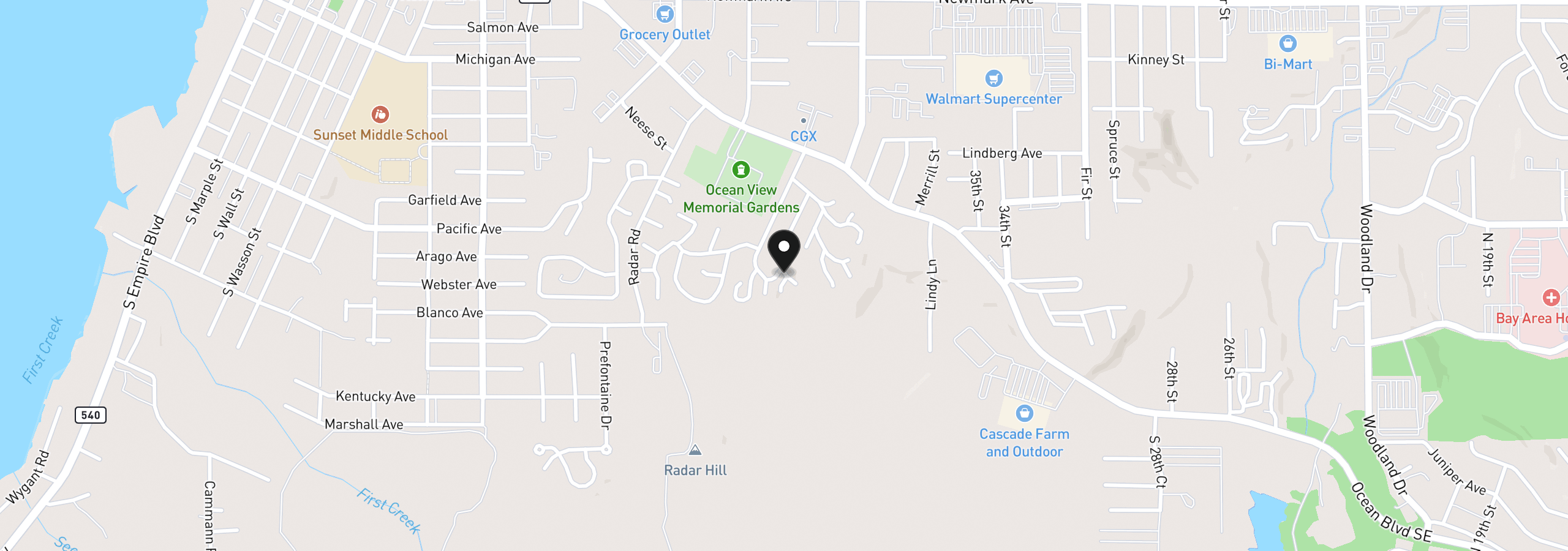 Map showing the location of 472 Shorepines Pl, Coos Bay, OR 97420