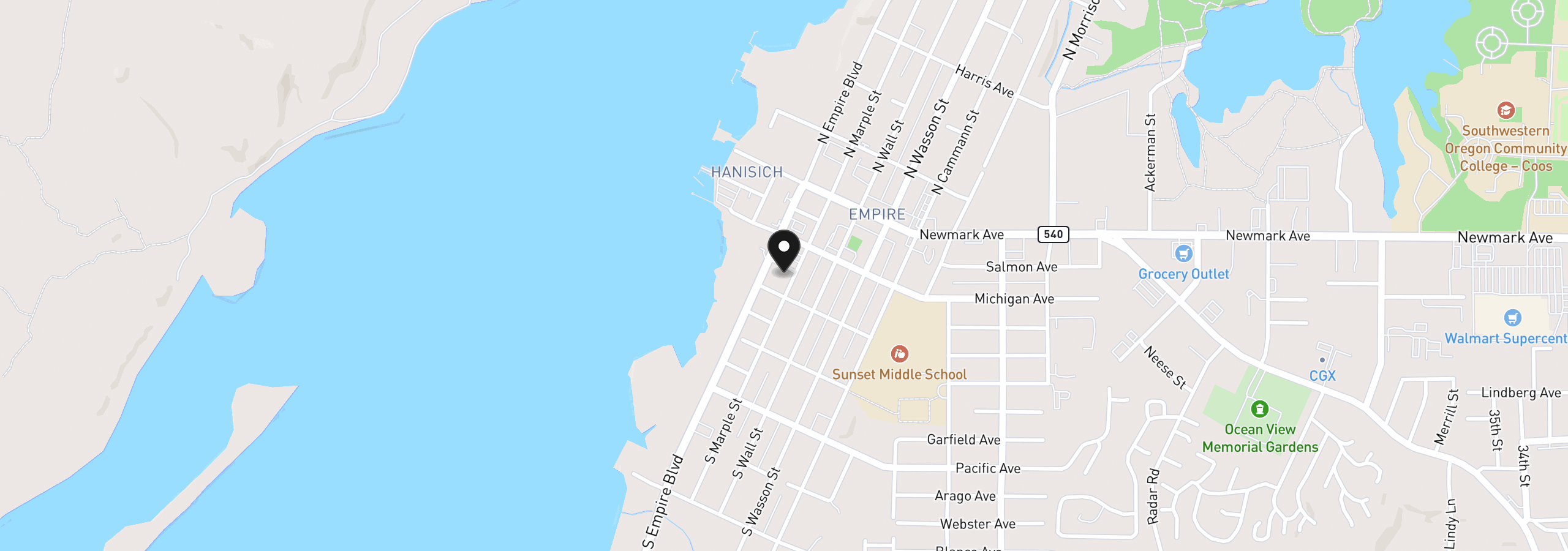 Map showing the location of 265 S Empire Blvd, Coos Bay, OR 97420