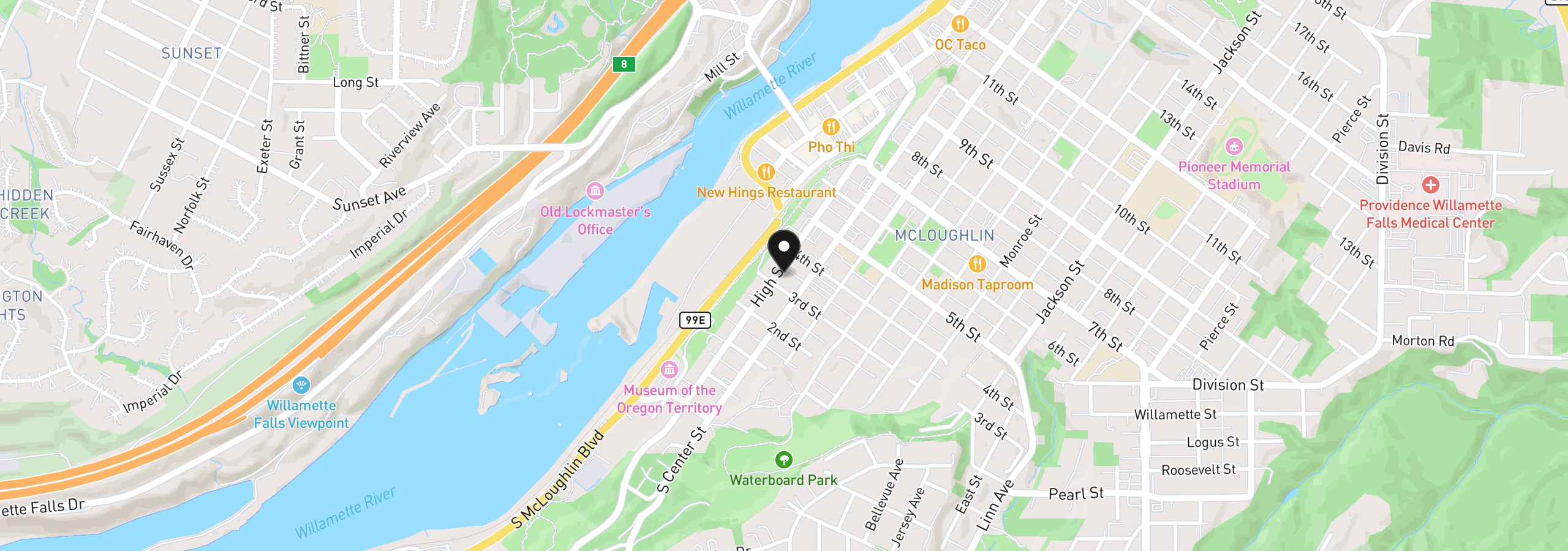 Map showing the location of 308 High St, Oregon City, OR 97045