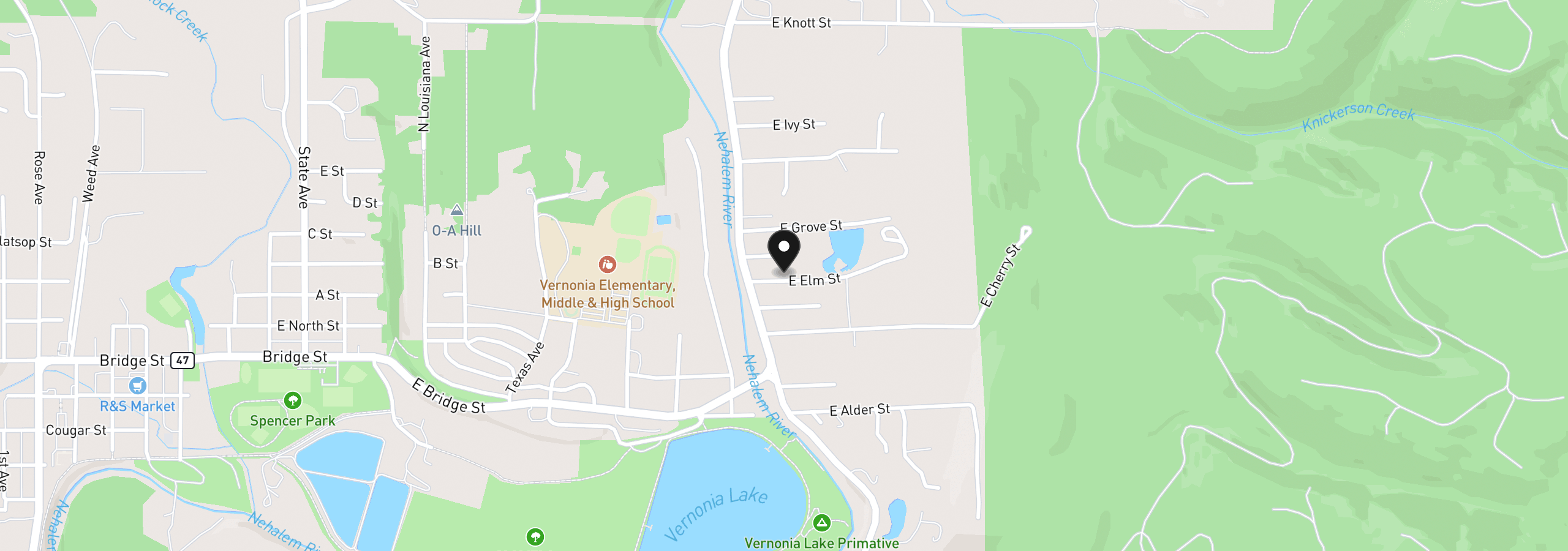 Map showing the location of 1190 Elm St, Vernonia, OR 97064